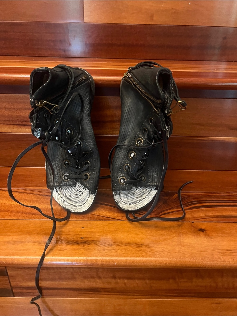 A.S.98 Black Leather Lace-Up High-Top Sandals - Picture 14 of 15